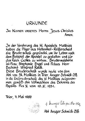Urkunde über die Aufnahme in die Erzbruderschaft des Hl. Matthias